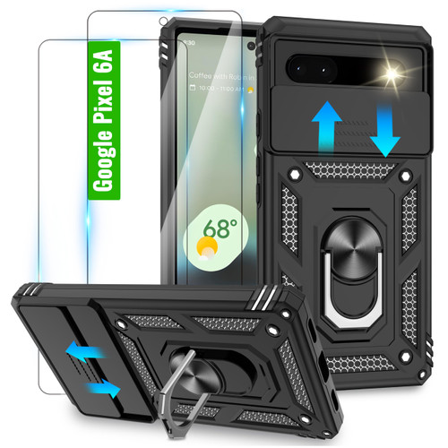 iBaove for Google Pixel 6A Case, Pixel 6A Case with 2 Pcs HD Screen Protector and Slide Camera Cover, Military Protection Shockproof with Ring Kickstand Case for Google Pixel 6A, Black