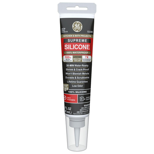 GE Supreme Silicone Caulk for Kitchen & Bathroom - 100% Waterproof Silicone Sealant, 7X Stronger Adhesion, Shrink & Crack Proof - 2.8 fl oz Tube, Clear, 1 Pack
