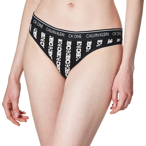 Calvin Klein Women's CK Cotton Thong Panty, ONE Logo Stripe Black, S