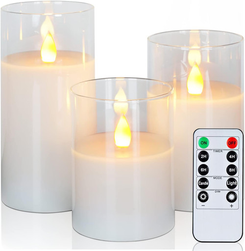 Bauhinia Glass LED Flameless Candles, Battery Candles, Pillar Candles Battery Operated with Remote Control and Timer, Electric Candles, Wax+Clear Glass, D3 H4 5" 6", Set of 3 Bauhinia Glass LED Flameless Candles, Battery Candles, Pillar Candles Battery Operated with Remote Control and Timer, Electric Candles, Wax+Clear Glass, D3 H4 5" 6", Set of 3