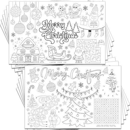 Disposable Christmas Place Mats for Kids - 12 Pcs Coloring Pages Santa Paper Placemats 17'x 11' Christmas Table Mat for Merry Christmas Holiday Party Decorations School Activity Supplies