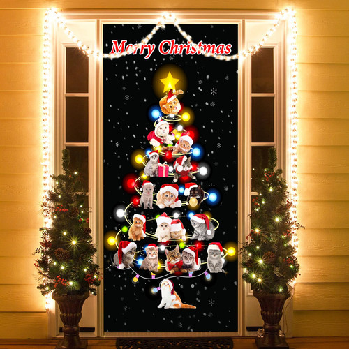 Christmas Door Cover Decoration,Cute Cats Christmas Front Door Cover Banner Decor,Fabric Xmas Holiday Party Decorations Supplies Christmas Door Hanging Banner Indoor Outdoor 72.8x35.4 Inch