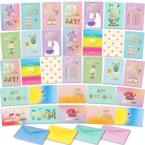 Birthday Cards Assortment - 32 Assorted Birthday Cards with Envelopes - Bday Cards in Bulk - 4 x 6 inches - Happy Birthday Cards Greeting Cards Bulk Box Set