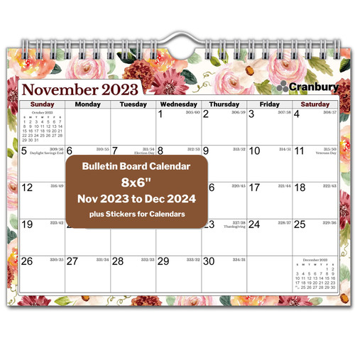 CRANBURY Small Wall Calendar 2024 - (8x6, Floral) Use Now to Dec 2024, Mini Wall Calendar 2024, Flower Designs, Spiral Flip Calendar, 6x8 Bulletin Board Calender, Includes Stickers