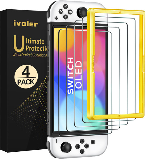 ivoler [4 Pack Tempered Glass Screen Protector Designed for Nintendo Switch OLED Model 2021&2023 with [Alignment Frame] Transparent HD Clear[Updated Version] Screen Protector for Switch OLED 7''
