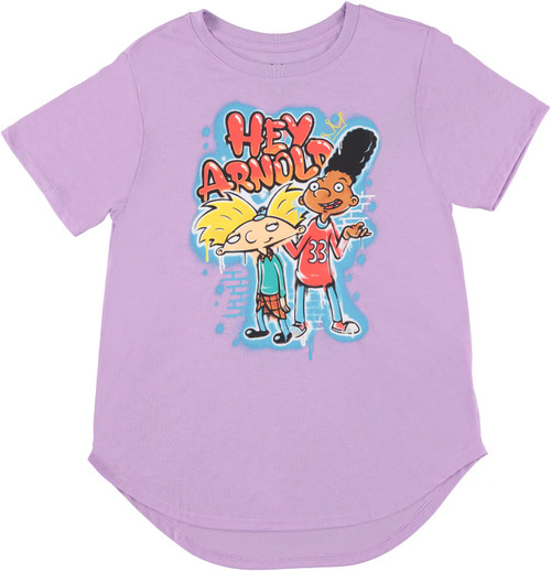 Ladies Hey Arnold Fashion Shirt - Hey Arnold and Gerald Cruved Hem Short Sleeve T-Shirt (Lilac, Small)