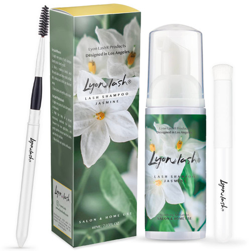 Lyon Lash Eyelash Extension Shampoo (Jasmine), Gentle Formula Paraben & Sulfate Free, Oil Free Foam Cleanser Kit | Remove Eye Makeup & Oil & Dust | Professional Salon And Home Use (60ml + 1 mascara wand + 1 cleansing brush)