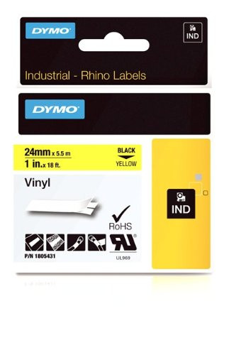 DYMO Industrial Labels for DYMO Industrial Rhino Label Makers, Black on Yellow, 1", 1 Roll (1805431), DYMO Authentic