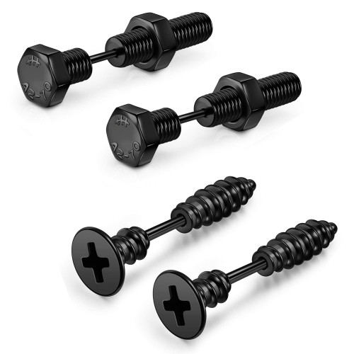 AllerPierce Black Stainless Steel Punk Earrings Cool Screw on Earring Studs Backs Piercing Jewelry for Men Women