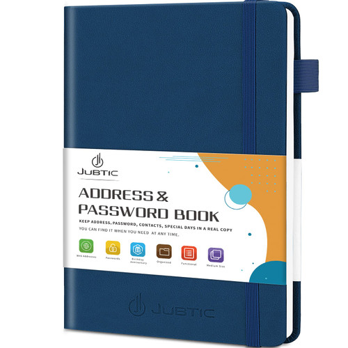 JUBTIC Address book with Alphabetical Tabs, Hardcover Password Keeper and Telephone Book Address Organizer for Contacts, Internet Login Address Log book Journal Notebook for Home or Office-Navy Blue