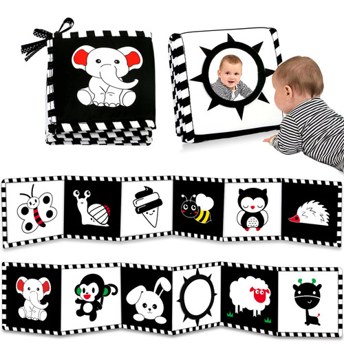 Black and White Baby Toys 0-3 Months High Contrast Newborn Toys Tummy Time Toys Montessori Toys for Babies 0-6 Months Infant Sensory Soft Baby Book Toys 0 3 6 9 Months with Mirror Baby Gifts