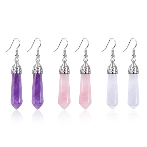 Jovivi 3Pairs Healing Crystals Earrings Sets for Women Girls Natural Real Amethyst Clear Quartz Rose Quartz Stone Healing Hexagonal Points Crystal Chakra Dangle Earrings