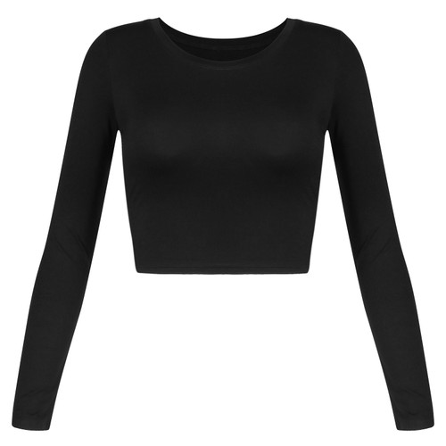 Artivaly Women Basic Round Neck Long Sleeve Rayon Stretch Slim Fitted Crop Tops