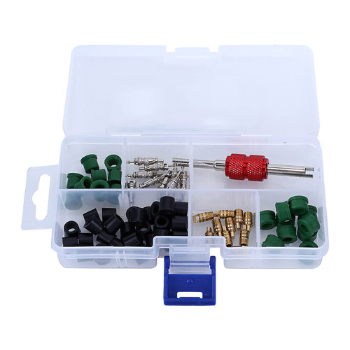 71Pcs Car Air Condition Repair Kit, Car Air Conditioning Valve Core Kit Auto AC Repair Tool +10pcs Valve Cores + 50pcs Hose Gaskets + 10pc Valves