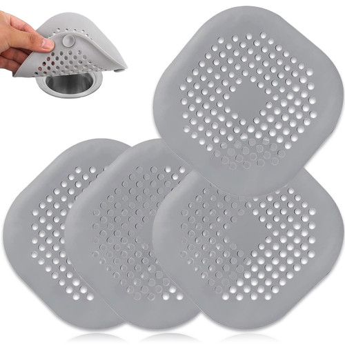4 Pack Drain Hair Catcher Durable Silicone Hair Stopper Shower Drain Covers Easy to Install and Clean Suit for Bathroom Bathtub and Kitchen (Square Grey 4Pack)