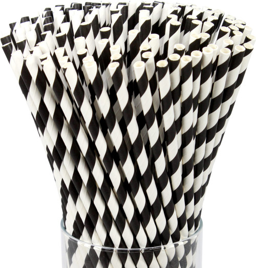 FAMASTON 150-pack Biodegradable Black and White Stripes Paper Straws - Disposable Drinking Black Stripes Straws - For Cake Pops in Birthday, Anniversary, Wedding, Holiday Celebrations