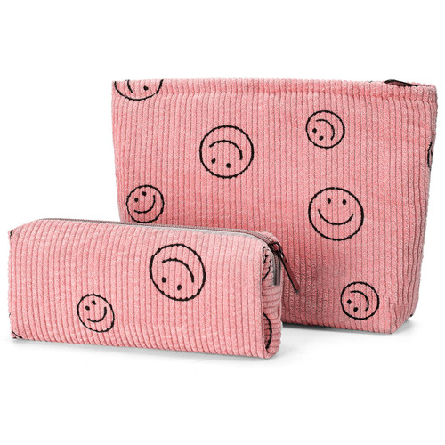 SANYETS Makeup Bag, Cosmetic Bags for Women, Travel Makeup Bag, Pink Small Make Up Brush Pouch with Zipper, Corduroy Cute Cosmetic Toiletry Bag, Travel Essentials Aesthetic Preppy Stuff