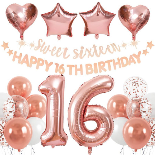 Rubfac Rose Gold Sweet Sixteen Happy 16th Birthday Decorations, Happy 16th Birthday Banner Garland, Number Foil Balloon for Sweet 16 Party Decorations Rubfac Rose Gold Sweet Sixteen Happy 16th Birthday Decorations, Happy 16th Birthday Banner Garland, Number Foil Balloon for Sweet 16 Party Decorations