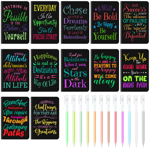 12 Pcs Mini Inspirational Notebooks Bulk with 12 Pcs Colorful Pens, Small Pocket Journal Notepads Set, Motivational Bulk Gifts for Women Men Teacher Student Kids, Fun School Office Supplies,3.5"x5.5"