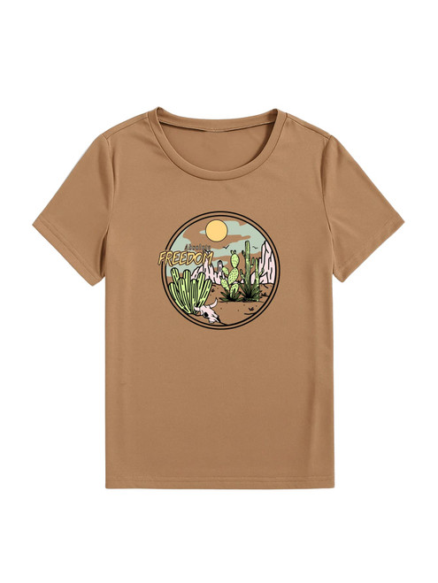 SweatyRocks Women's Casual Short Sleeve Graphic Print Tee Basic Crewneck Pullover T Shirt Khaki XL