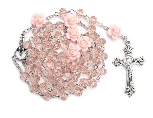 swqfzki Catholic Rosary Light Pink Crystal Beads Rosary Necklace for Women,First Confirmation Catholic Gifts for Girls Miraculous Medal and Cross Crucifix Rosary Necklace