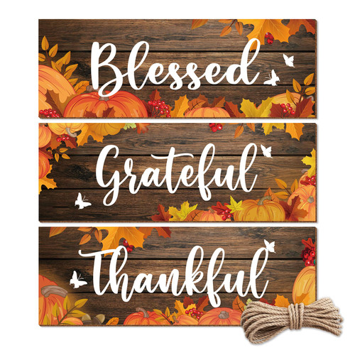 Thanksgiving Wall Decor Sign for Home, Autumn Decorations Maple Leaf Pumpkin Wall Pediments Farmhouse Hanging Decor, Thankful Grateful Blessed Wooden Signs Wall Art for Kitchen Bedroom Bathroom