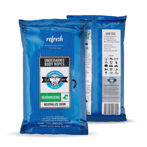 XL Body & Underarm Shower Wipes for Adults Bathing. Biodegradable with Aloe, Vitamin E and Tea Tree Oil. After Workout, Sports Shower Wipes for Men and Women. Great Camping, Festival, Traveling Accessory, 25 Count Pack, Made in USA - Game Face Wipes