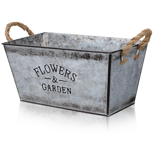 Garneck Tin Flower Pot Vintage Planter Box Metal Succulent Containers Galvanized Planter Metal Flower Pot Rectangular Flower Vase Metal Planters Rustic Flower Pot Planter with Handles Drum