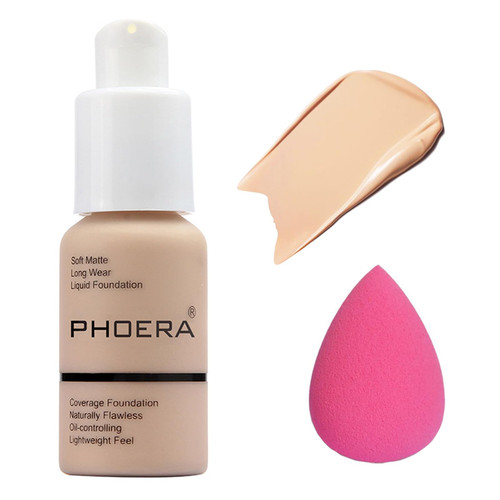 Full Coverage Foundation,Flawless Matte Oil Control Liquid Foundation,Foundation Makeup Brush,Makeup Sponge,Concealer Moisturizing Long Lasting (102 Nude)