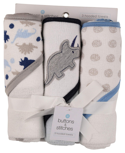 Cudlie Buttons and Stitches Baby Boys 3 Pack Infant Hooded Towel, Triceratops Prints (GS71365)