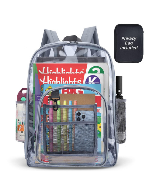 WQSS AOEIU Clear Backpack, Sturdy Clear School Backpack for Kids - Stadium Approved Transparent Bookbag in Stylish for Boys and Girls (Grey)