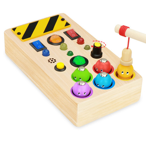WIAZZLUK Montessori Wooden Busy Board Toddler Toys, Sensory Toys with LED Lights Buttons, Sound Knob, Fishing Game Educational Learning Fidget Toys for Boys & Girls 1-3 Years Old