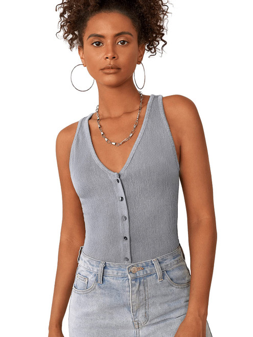 SweatyRocks Women's Sleeveless Button Front V Neck Tank Top Ribbed Knit Summer Top Grey L