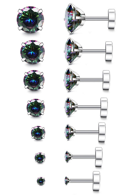 Fansilver 7Pairs 20G Hypoallergenic Brithstone Stud Earrings for Women Men Flatback Earrings Stainless Steel Cubic Zirconia Earrings Piercing Ear Cartilage, Black