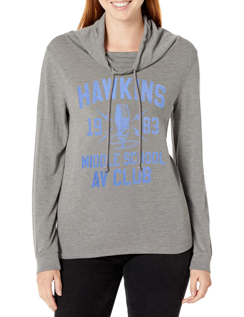 Fifth Sun Stranger Things Hawkins AV Club Women's Cowl Neck Long Sleeve Knit Top, Gray Heather, X-Small
