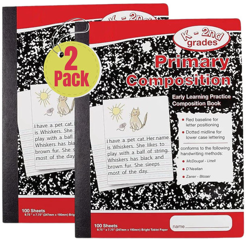 1InTheOffice Primary Composition Notebook K-2, Kindergarten Composition Notebook, 100/Sheets, Red/Marble, 7.5" x 9.75", 2/Pack