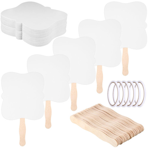 50 Set Fan Handle Craft Sticks Wavy Wooden Sticks Set Blank White Cardstock Double Sided Tape Church Fans for DIY Crafting Painting Hand Held Parlor Fans Auction Paddle Fans Wedding