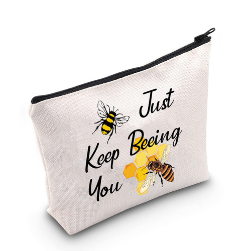 MEIKIUP Honey Bee Makeup Bag Bee Lover Gift Apiarist Beekeeper Cosmetic Bag Beekeeper Gift Just Keep Beeing You Travel Zipper Cosmetic Bag (Just Keep Beeing You bag)