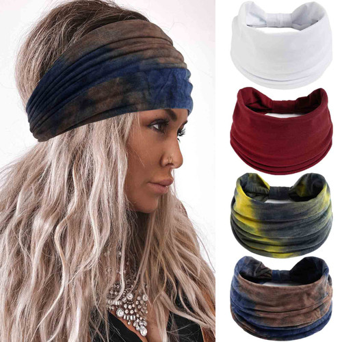 Acenail Wide Headbands Knotted Turban Headband Elastic Non Slip Hairbands Tie Dye Head Bands Yoga Sweatbands Hair Scarfs African Workout Head Wraps Boho Hair Accessories for Women Girls 4Pcs(#9 Daily)