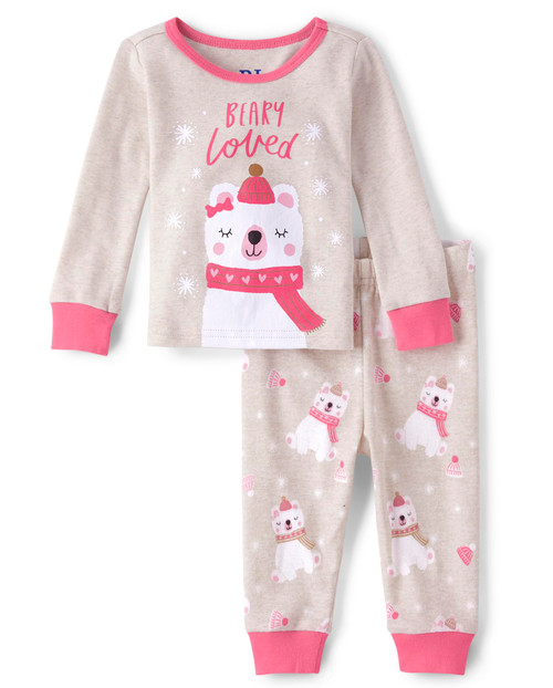 The Children's Place Baby Girls' Toddler Long Sleeve Top Pants Snug Fit 100% Cotton 2 Piece Pajama Set, Polar Bear Pink, 0-3 Months