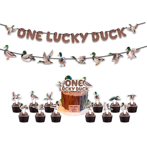 One Lucky Duck Birthday Banner Duck Hunting Birthday Decorations Cake Topper Mallard Duck Garland for Boys 1st Birthday Party Supplies