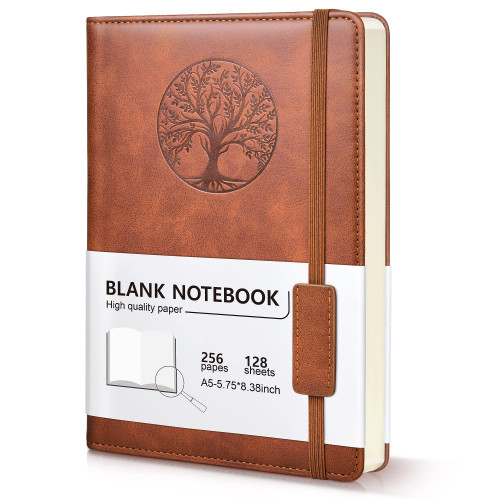 Blank Journal Notebook for Women Men, A5 Unlined Journal for Writing Sketchbook, Hardcover Leather Unruled Jouranl Notebook for Work with 256Pages Thick Paper for Writing, Drawing, Sketching and Journaling,Travel( 5.75'' X 8.38'' Brown)