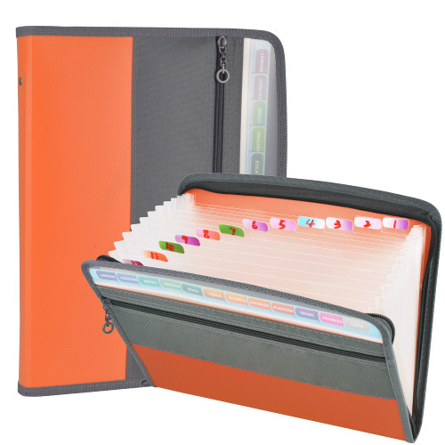 CLOUDIA 13 Pocket Expanding File Folder with Sticky Labels, Accordion File Folder Document Organizer Expanding Zip File Folder with Zipper Closure, Letter A4 Paper Document Accordion Folder (Orange)
