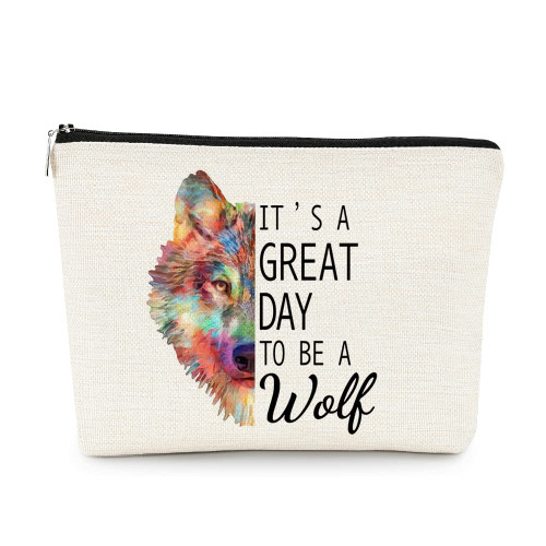 EXUQO It's a Great Day to Be a Wolf Peeking Wolf Makeup Bag Cosmetic Bag Travel Toiletry Zipper Pouch, Wolf Lover Gifts, Women Girls Gifts