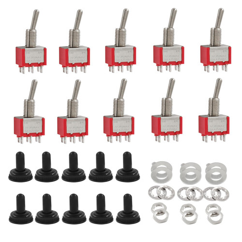Litoexpe 10pcs Mini Toggle Switch with Waterproof Caps, DPDT 2 Position 6 Pins ON/ON AC 2A 250V 5A 125V, Ideal for Miniature Projects, MTS-202