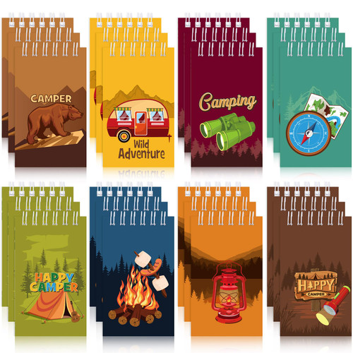 Teling 24 Pieces Camp Party Favors Camping Adventure Mini Notepads Spiral Pocket Memo Notepads Wild Adventure Camping Small Notepads for Kids Camping Party Favors Teacher Classroom Rewards Supplies