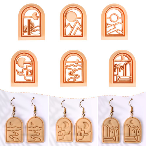 Puocaon Boho Polymer Clay Cutters - 6 Pcs Clay Cutters for Polymer Clay Earrings Making, Boho Landscapes Arch Clay Cutters, Embossing Scene Desert Sun Moon Clay Cutters for Jewelry Making