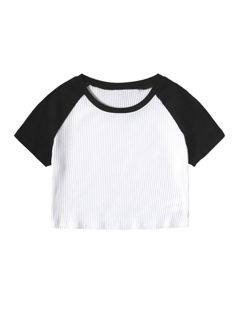 Floerns Women's Colorblock Rib Knit Short Sleeve Round Neck Crop Top Tee Shirts White S