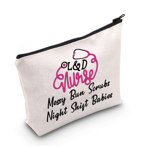 LEVLO RN Midwife Gifts Messy Bun Scrubs Night Shift Babies Makeup Bags Doula L& D Nurse Nursing School Graduation Travel Toiletry Bags(Messy Bun)