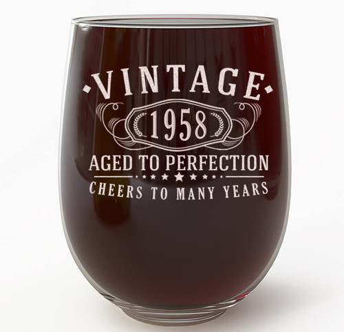 Spotted Dog Company Vintage 1958 Etched 17oz Stemless Wine Glass - Aged to Perfection - 65th Birthday Gifts for Her Women - 65 Years Old Decorations Anniversary